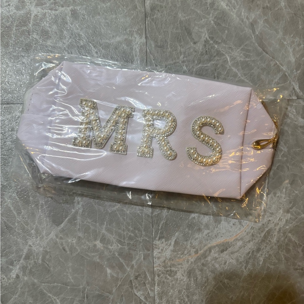 White 'MRS' Clutch with Pearl Accents